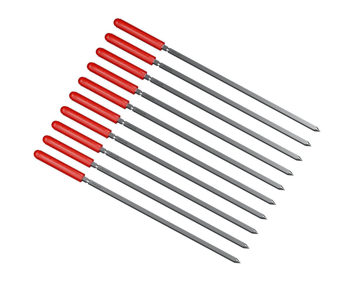 Aluminum skewers with round red silicone handles and authentic North Grills laser-etched logos just beyond each groove