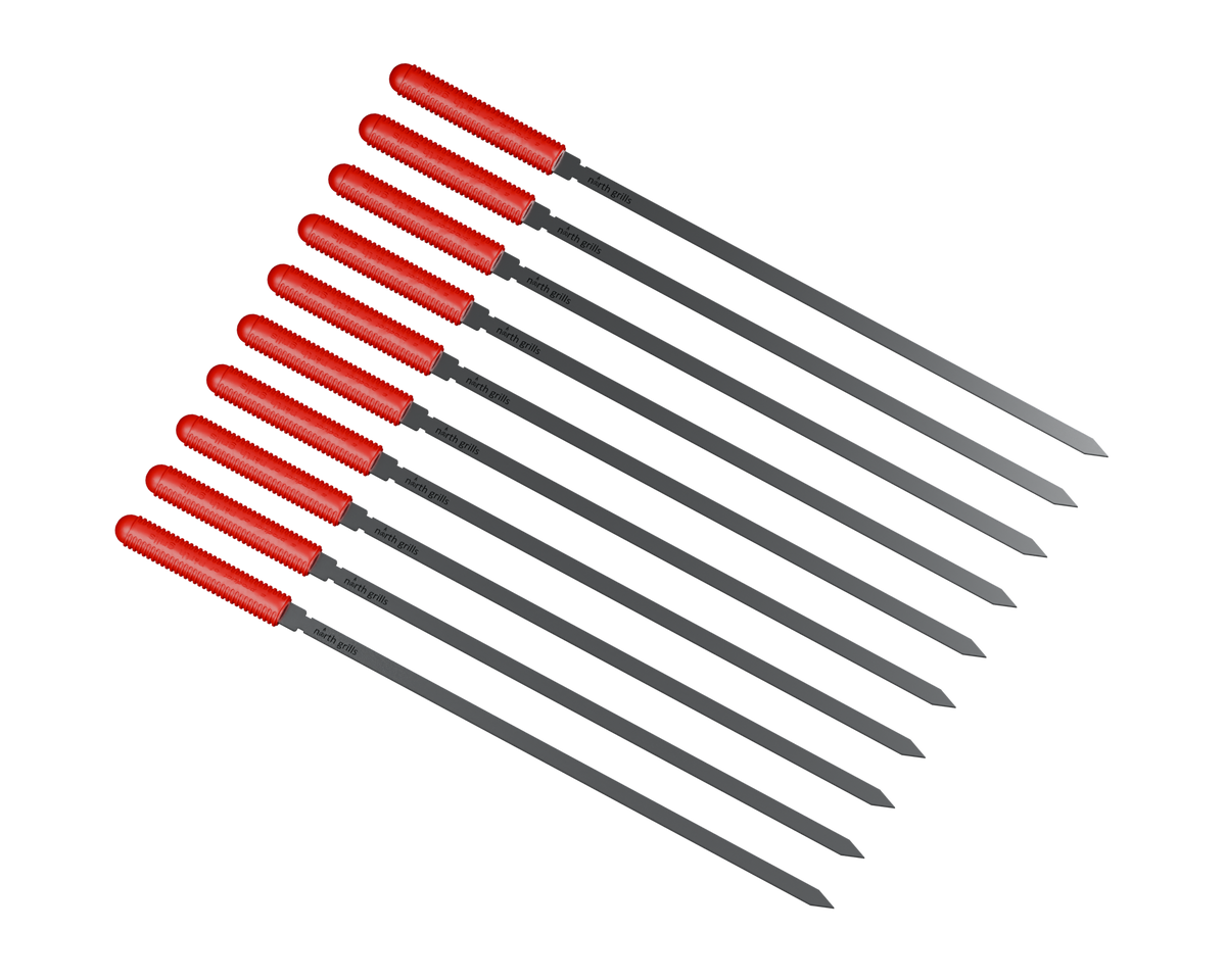 Ten flat stainless steel skewers with subtly flattened fitted handles and North Grills engraved branding