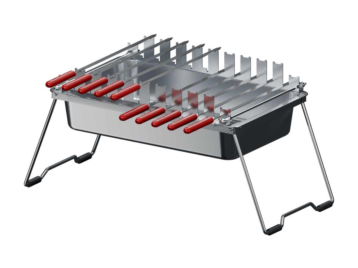 North Grills Kabob Grill with removable height stand, folding legs and red-handled skewers