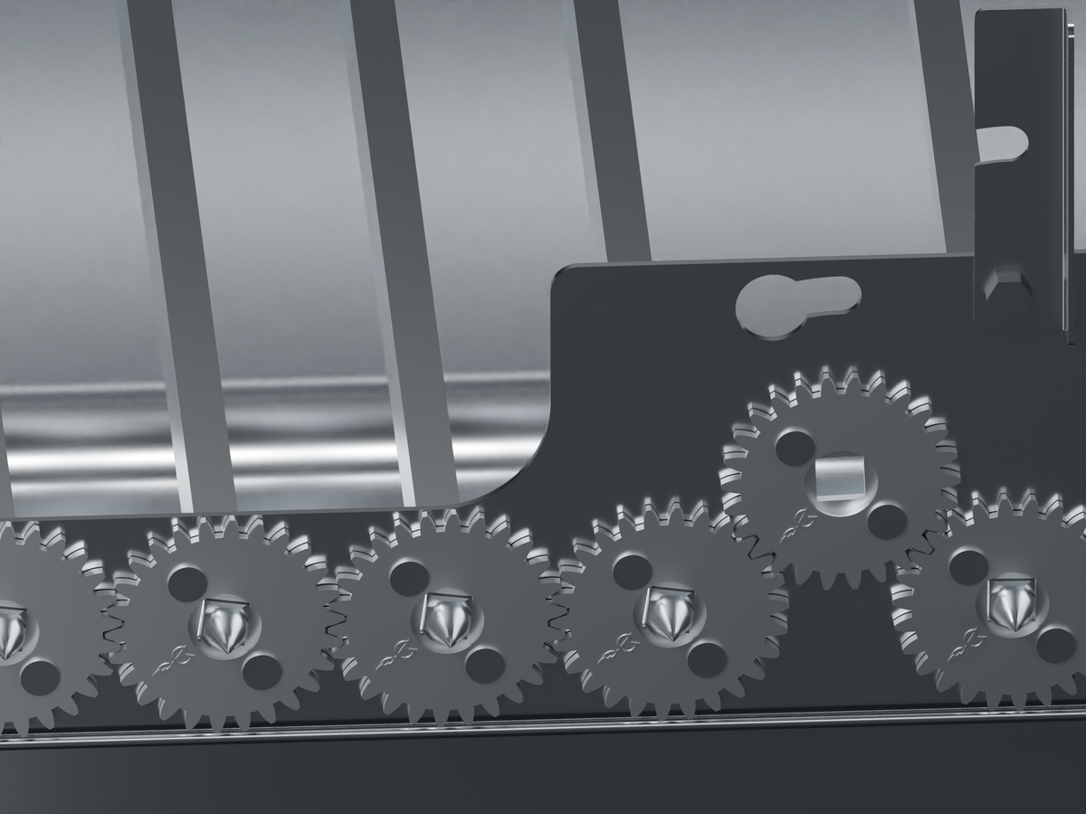 CAD-rendered close-up of Spin Grill stainless steel gears with fitted skewer tips