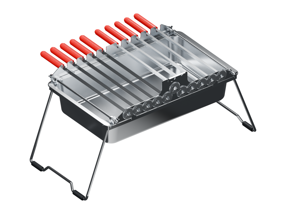 Spin Grill mounted on Kabob Grill with five flat stainless steel skewers and five square aluminum skewers installed